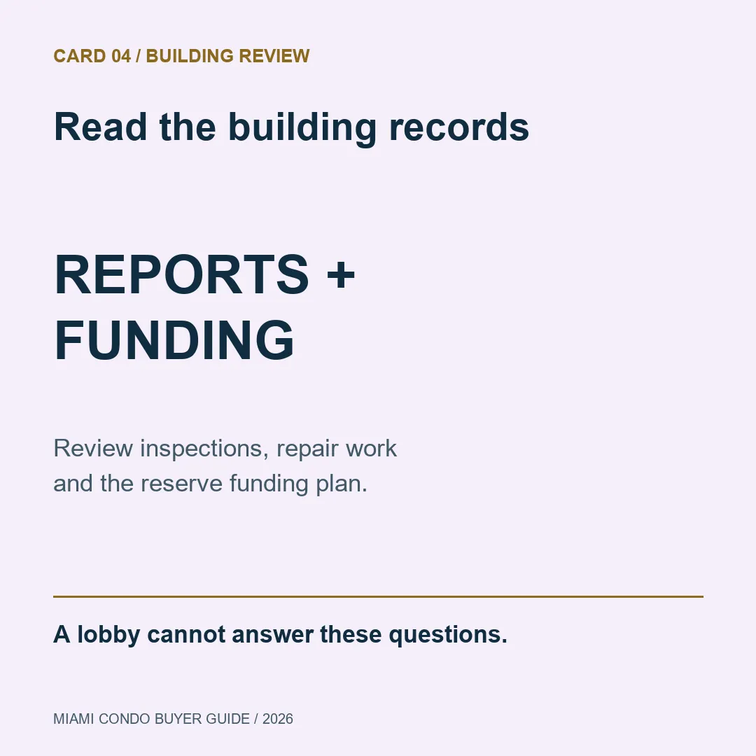 Read the building records. Review inspections, repair work and the reserve funding plan.